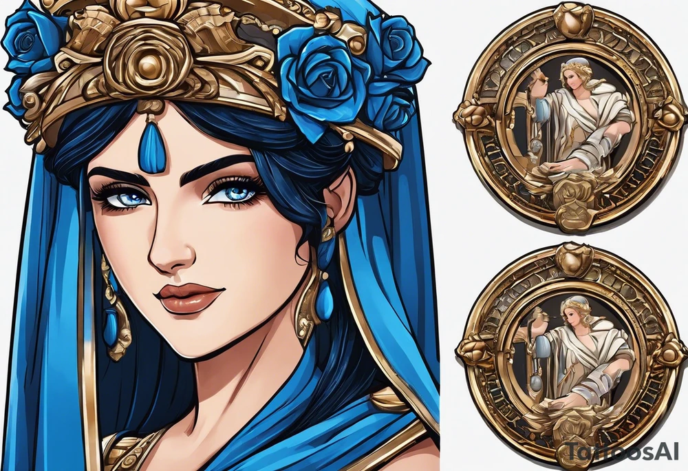 ancient rome clothes ,women,,ancient scale in one hand, blue rose frames, ladies justicia ,keeps  scale tattoo idea