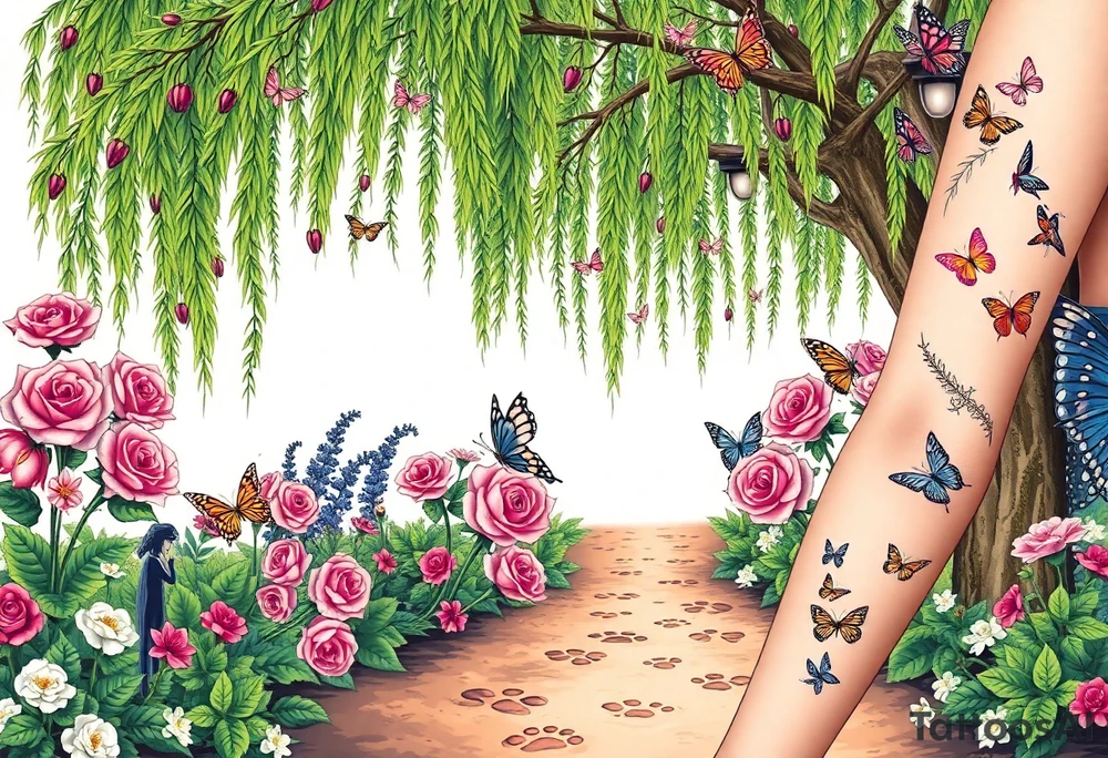 weeping willow garden with roses and liles flower beds. fantasy creatures, fairies, mermiads, dragons butterflies,  cat paw prints path in dirt. tattoo idea