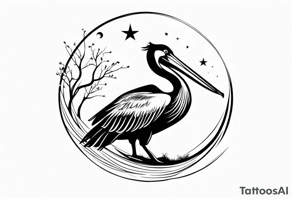 A simple willow tree with a flying pelican. A sun a moon and a star tattoo idea