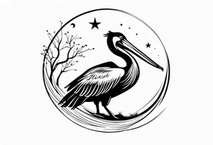 A simple willow tree with a flying pelican. A sun a moon and a star tattoo idea