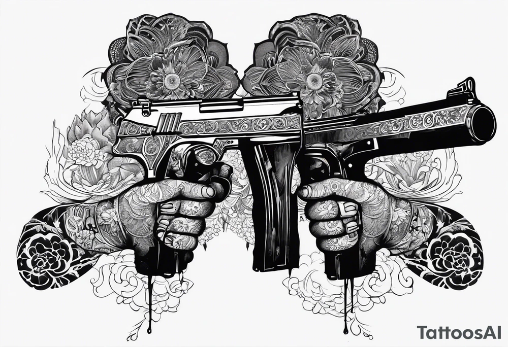 A reflection of two black  siloets of people  holding guns at two siloets dead tattoo idea