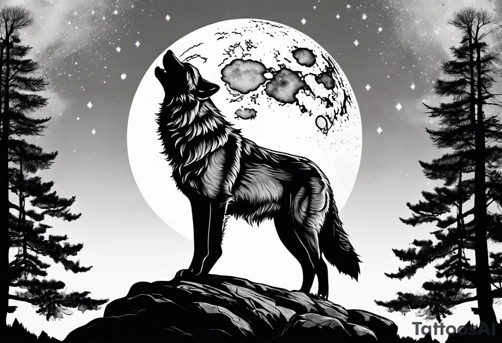 Wolf on top of a rock howling at the full moon, surrounded by trees tattoo idea
