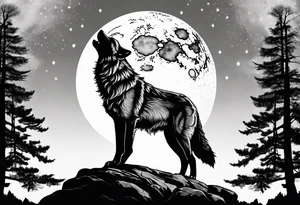 Wolf on top of a rock howling at the full moon, surrounded by trees tattoo idea