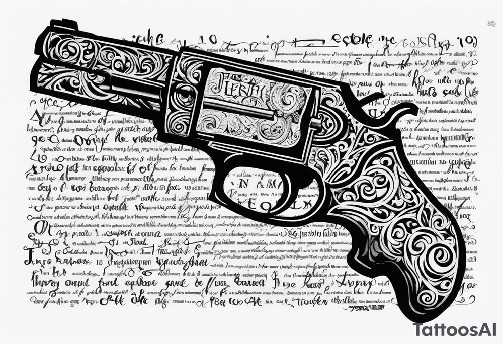 Joshua 1:9 bible verse on a scroll written on a beaten up scroll and nailed onto the firearm tattoo idea