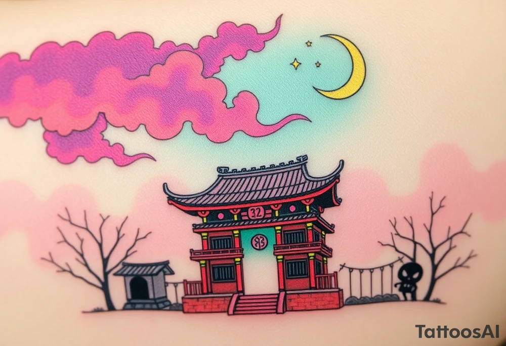 Tim Burton’s haunted pastel Tokyo shrine is abandoned and dripping with muted reds, dusty pinks, and eerie green glow.purple and cyan smokey clouds swirl in the crescent moonlit sky thats sprinkled with stars tattoo idea tattoo idea