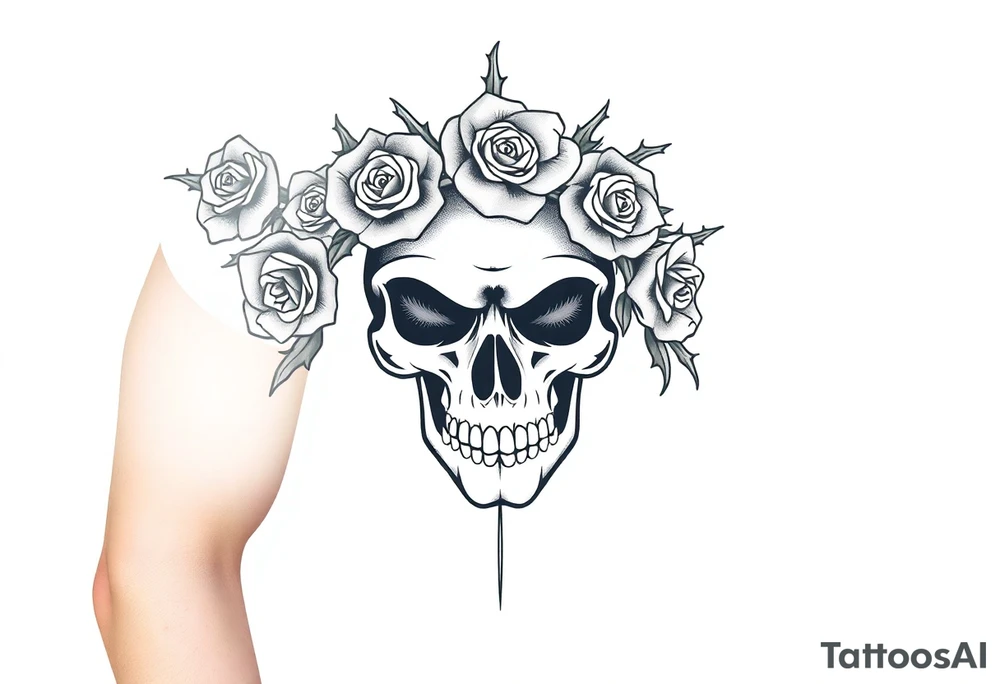 ornate skull adorned with crown of wild roses and thorns tattoo idea