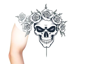 ornate skull adorned with crown of wild roses and thorns tattoo idea