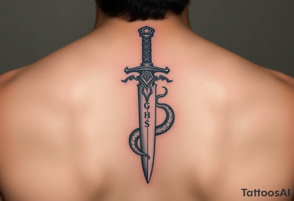 An ornate dagger piercing a snake, with runes carved into the blade, representing loyalty to the Dark Lord tattoo idea