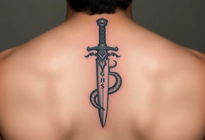 An ornate dagger piercing a snake, with runes carved into the blade, representing loyalty to the Dark Lord tattoo idea