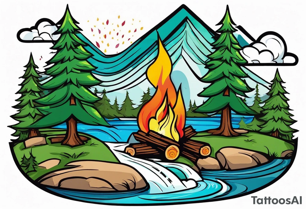 Small campfire in the center, right side: an evergreen tall tree, left side: mountain stream tattoo idea