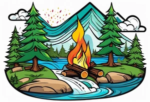 Small campfire in the center, right side: an evergreen tall tree, left side: mountain stream tattoo idea