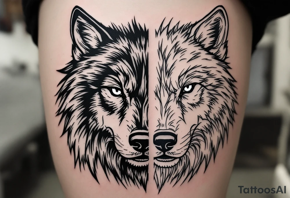 Side by side black wolf face and white wolf face tattoo idea Side by side black wolf face and white wolf face tattoo idea
