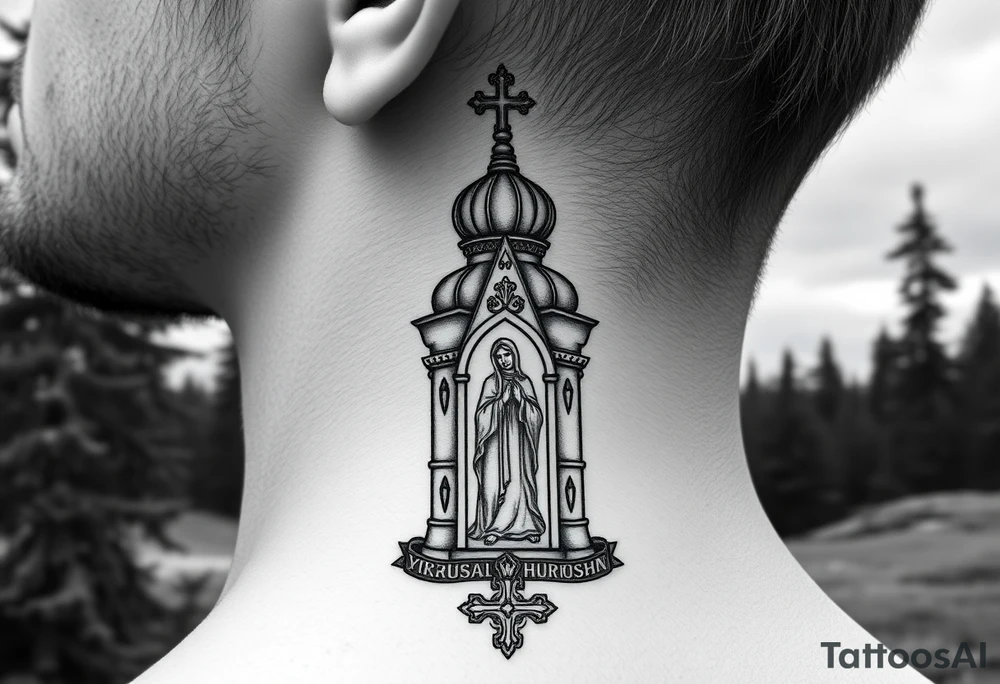 russian coat arms traditional christian orthodox cross with a virgin mary stood in the entrance of a russian orthodox dome church on the side of the neck in a wilderness setting tattoo idea