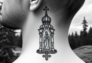 russian coat arms traditional christian orthodox cross with a virgin mary stood in the entrance of a russian orthodox dome church on the side of the neck in a wilderness setting tattoo idea