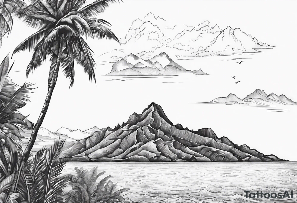 Map of the eastern Caribbean islands with an ocean view of the island mountains across the sea in the background tattoo idea