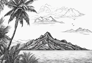 Map of the eastern Caribbean islands with an ocean view of the island mountains across the sea in the background tattoo idea