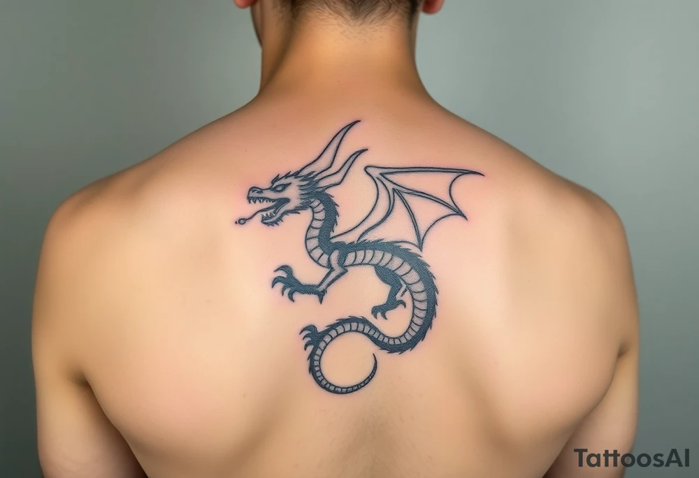 fierce dragon breathing iridescent fire against stormy skies tattoo idea
