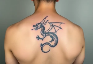 fierce dragon breathing iridescent fire against stormy skies tattoo idea