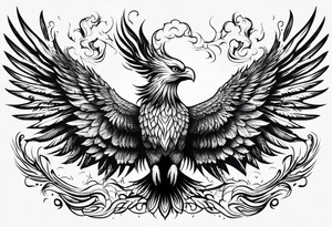 Phoenix rising out of flames slightly on fire with outstretched wings with the word indomabilis between them tattoo idea
