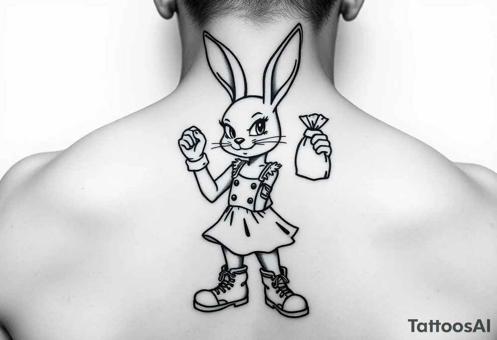 Lola bunny wearing a dress with combat boots and she has a smirk on her face while holding up a bag of money with one hand tattoo idea