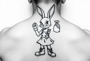 Lola bunny wearing a dress with combat boots and she has a smirk on her face while holding up a bag of money with one hand tattoo idea