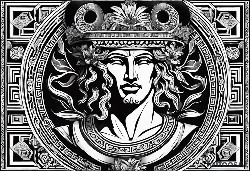 greek god dionysus holding a theatre mask. Surrounded by ancient greek geometrical patterns. I want the whole tattoo to be in ancient greek style tattoo idea