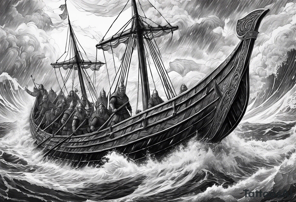 Norse mythology, ultra realism, Viking ships, war, battle, storm, chaos, detailed tattoo idea