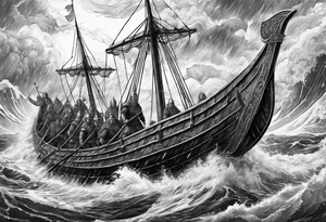 Norse mythology, ultra realism, Viking ships,  war, battle, storm, chaos,  detailed tattoo idea