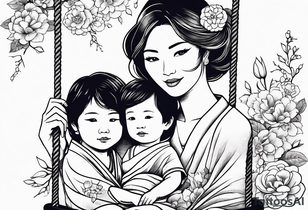 Mom with son & daughter on swing with flowers tattoo idea