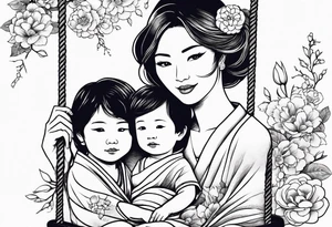 Mom with son & daughter on swing with flowers tattoo idea