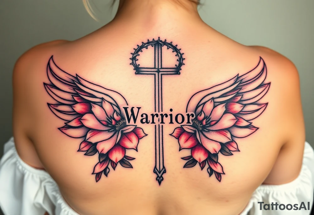 lotus flowers beautiful bold angel wing with word "Warrior" vintage cross crown of thorns tattoo idea