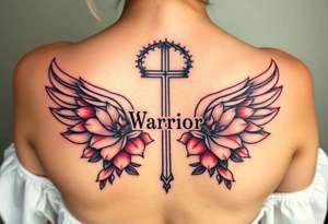 lotus flowers beautiful bold angel wing with word "Warrior" vintage cross crown of thorns tattoo idea