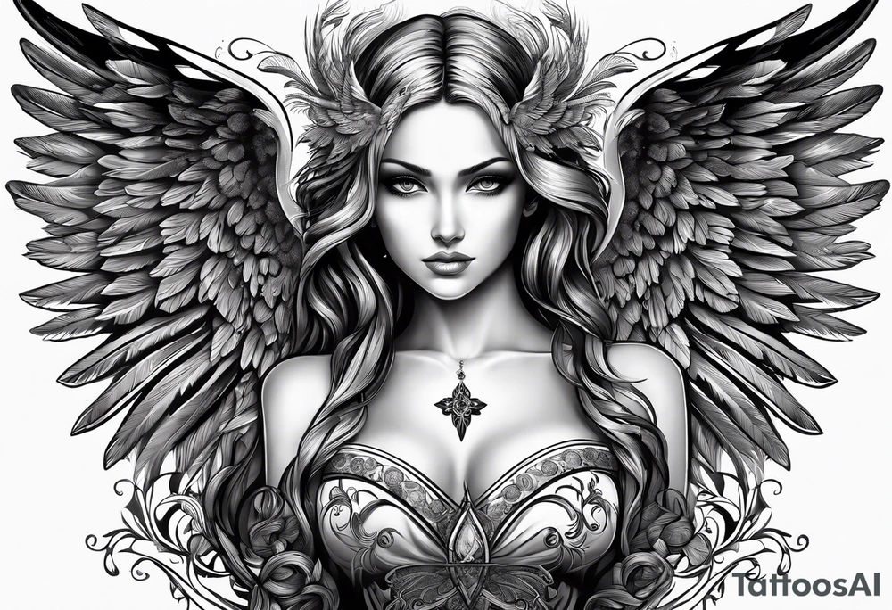 Spiritual angel. The name « Leah » is written in gothic letters. tattoo idea