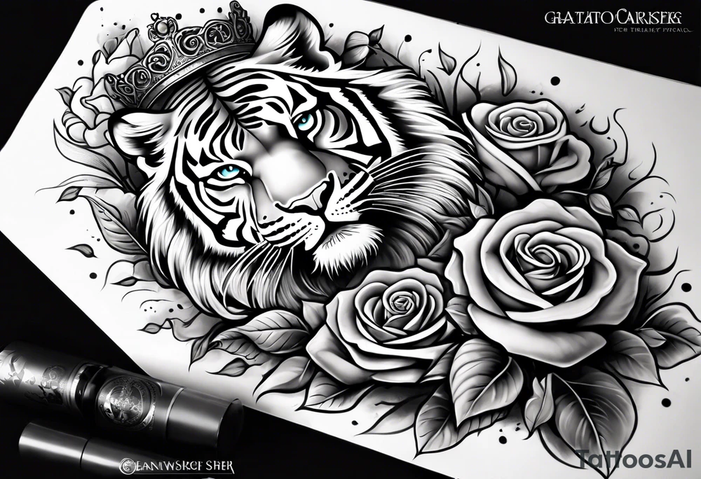 A full sleeve tiger with a crown and third eye with a hour glass instead the hour glass brain cover in in clouds and a heart cover in grass and roots with roses and smoke all over the arm tattoo idea
