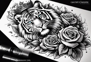 A full sleeve tiger with a crown and third eye with a hour glass instead the hour glass brain cover in in clouds and a heart cover in grass and roots with roses and smoke all over the arm tattoo idea
