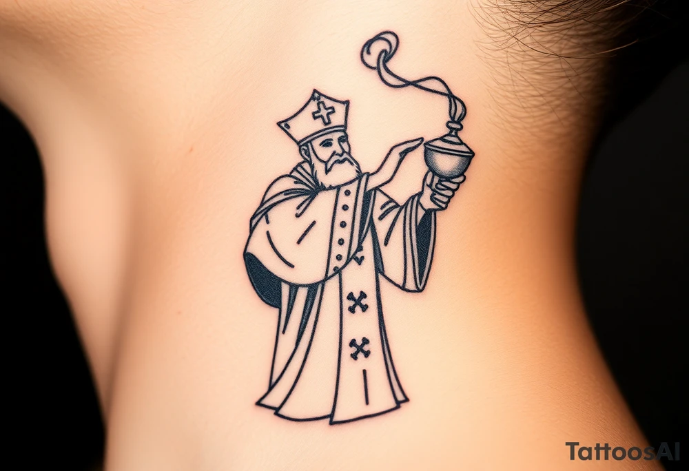 Russian Orthodox Priest in fully detailed vestment swinging a censer with smoke curling upward tattoo idea