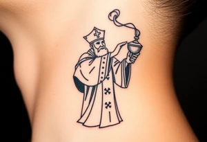 Russian Orthodox Priest in fully detailed vestment swinging a censer with smoke curling upward tattoo idea