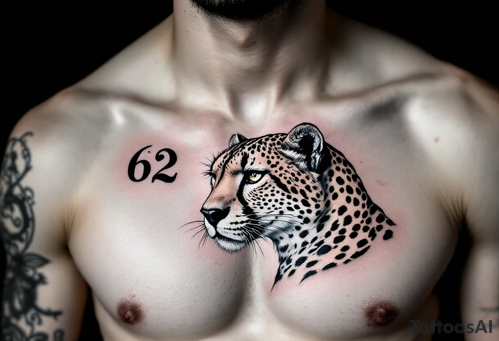 realistic cheetah with the number 62 on the chest tattoo idea