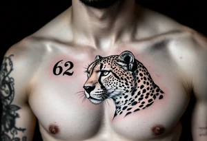 realistic cheetah with the number 62 on the chest tattoo idea