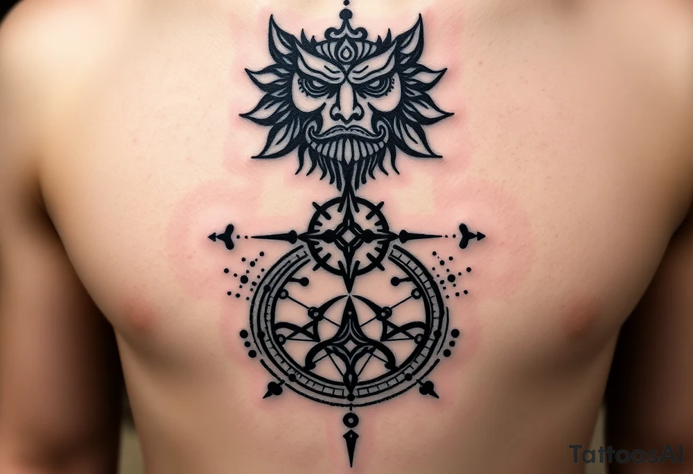 This tattoo is an ancient mark of power, as if carved not with ink, but with blood and time. Its vertical composition resembles a ritual totem that connects the three levels of existence: spirit, body, and path.

At the center lies a sacred runic symbol — a seal of inner strength and protection. It serves as a key to hidden knowledge and a talisman for one who walks their own path without looking back.
The broken lines and scarred ink appear as if the symbol was drawn in a trance, during an ancient ritual.

The upper part resembles the face of a forgotten god or a guardian spirit watching from above. The lower part is a runic compass of fate, guiding through chaos, darkness, and trials.
Every stroke is a spell. Every symbol is an oath.

This tattoo is not for everyone.
It is for those who embrace the shadow, are unafraid of the darkness, and know that true power is born within. tattoo idea