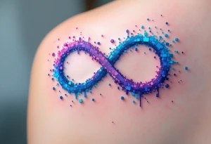 A glitch-effect infinity, made of fragmented pixels in neon blue and purple, representing a digital love that never fades. tattoo idea