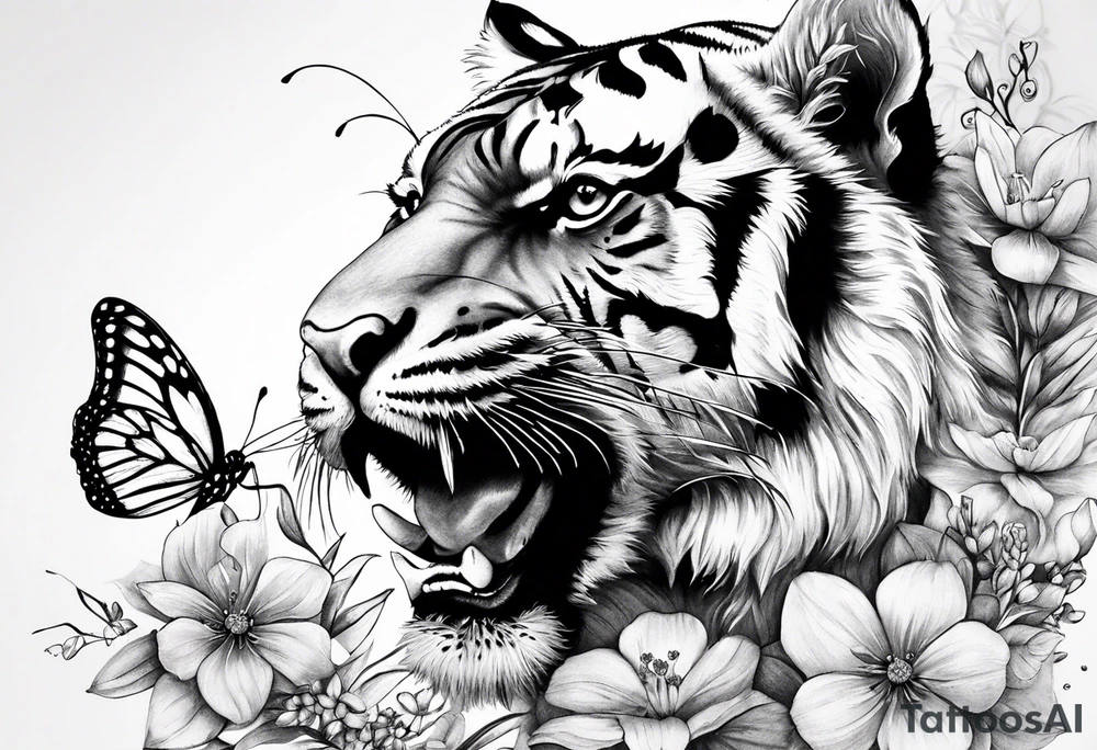 tiger, 3 buterflies, flowers for ladies thigh / hip tattoo idea