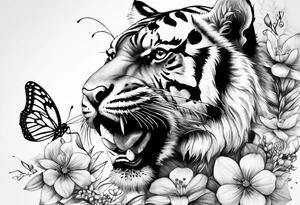 tiger, 3 buterflies, flowers for ladies thigh / hip tattoo idea