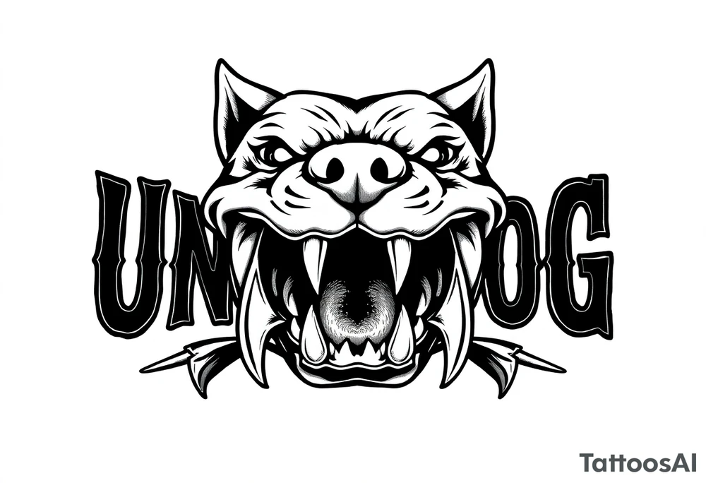 the word underdog with dog teeth connected to the bottom tattoo idea
