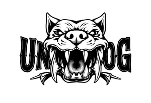 the word underdog with dog teeth connected to the bottom tattoo idea