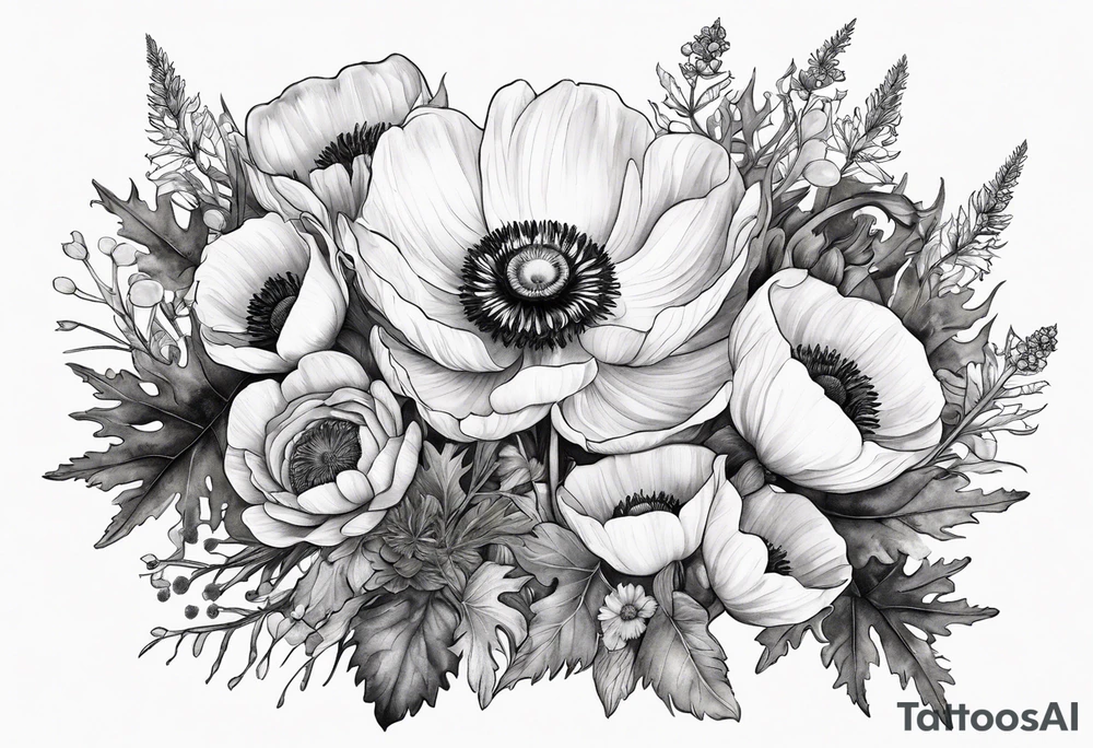 white anemone with black center in the middle of wildflowers with thistles, ferns, ranuculus, sun flowers, mixed color flowers and different shapes all in watercolor tattoo idea
