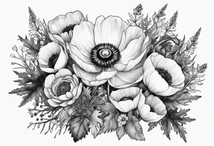 white anemone with black center in the middle of wildflowers with thistles, ferns, ranuculus, sun flowers, mixed color flowers and different shapes all in watercolor tattoo idea