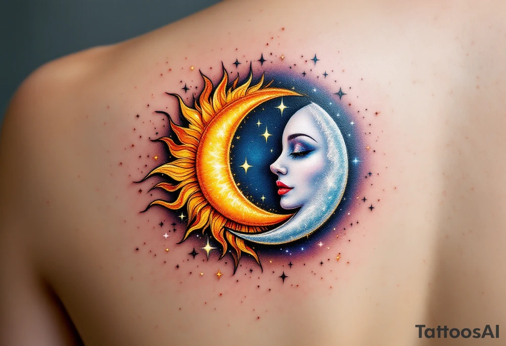 A celestial design featuring a sun and moon intertwined in an elegant dance, their forms forming a yin-yang-like balance. The sun is depicted in warm hues of golden yellow, orange, and fiery red, with rays that fade into soft, golden sparkles. The moon is shown in cool tones of silver, pale blue, and lavender, with a subtle shimmer effect that gives it a glowing, ethereal quality. Around the sun and moon are tiny, glowing stars in shades of white and light blue, scattered across a soft black or deep navy sky, creating a dreamy, otherworldly aura. tattoo idea