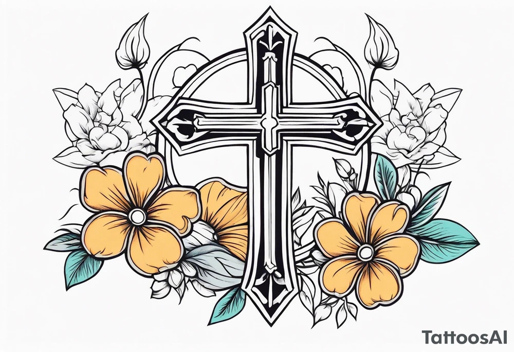 cross surrounded with flowers tattoo idea