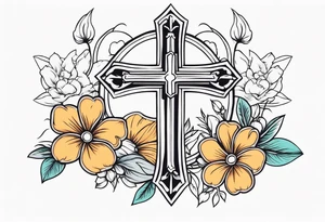 cross surrounded with flowers tattoo idea